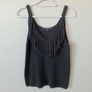 Black knit top with fringe neckline